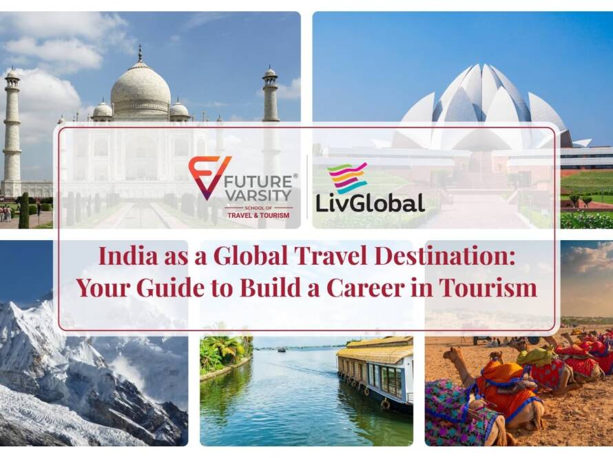 India as a global travel destination poster with famous landmarks and tourism career guide.