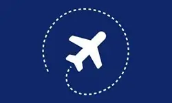 Career placements represented through a white airplane icon with a dotted circular flight path on a blue background, symbolizing travel industry opportunities and global mobility.